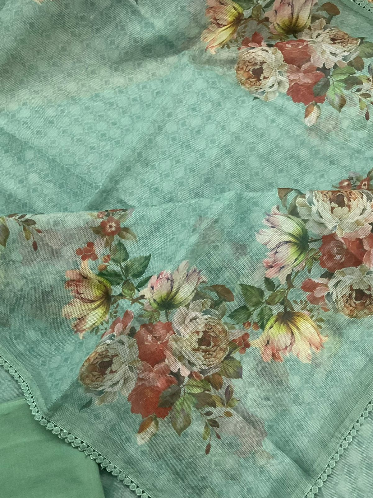 Soft Fine Supernet Printed Embroidered Suit - Green