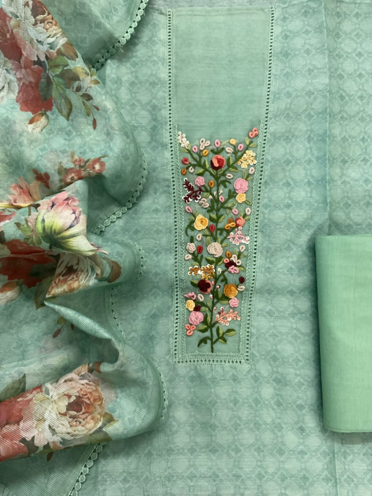 Image of Soft Fine Supernet Printed Embroidered Suit - Green