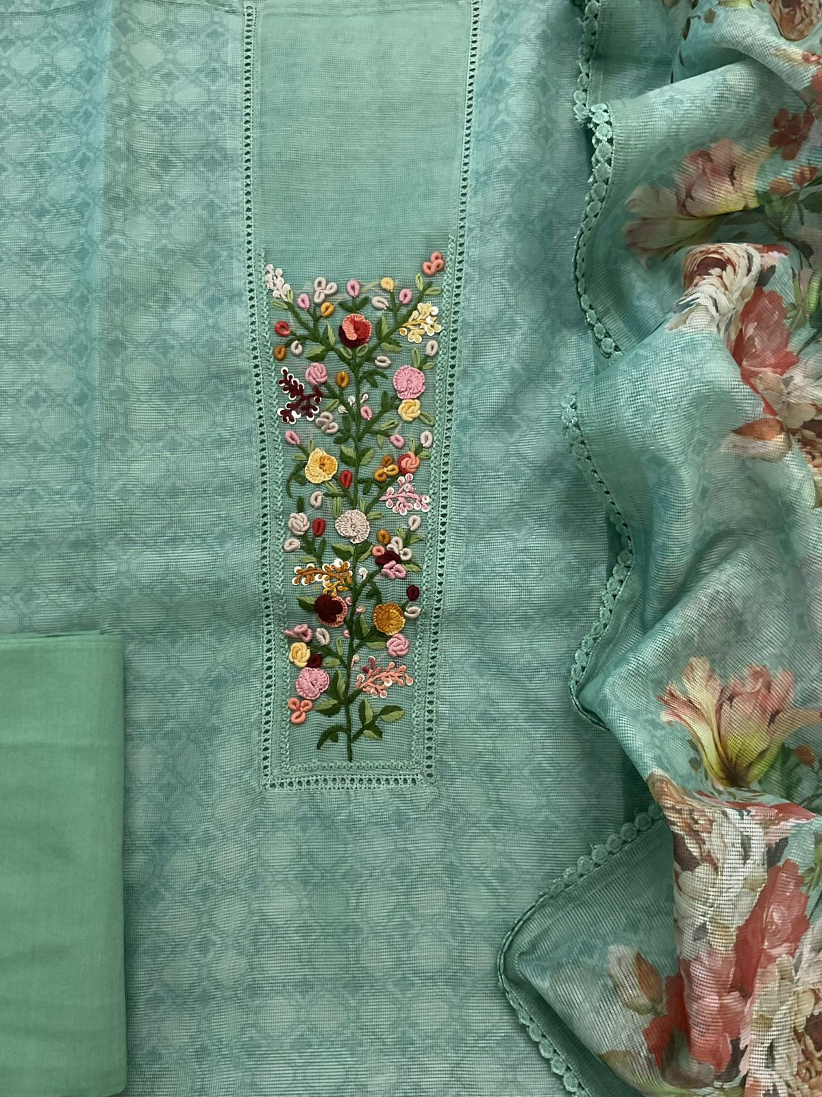 Soft Fine Supernet Printed Embroidered Suit - Green