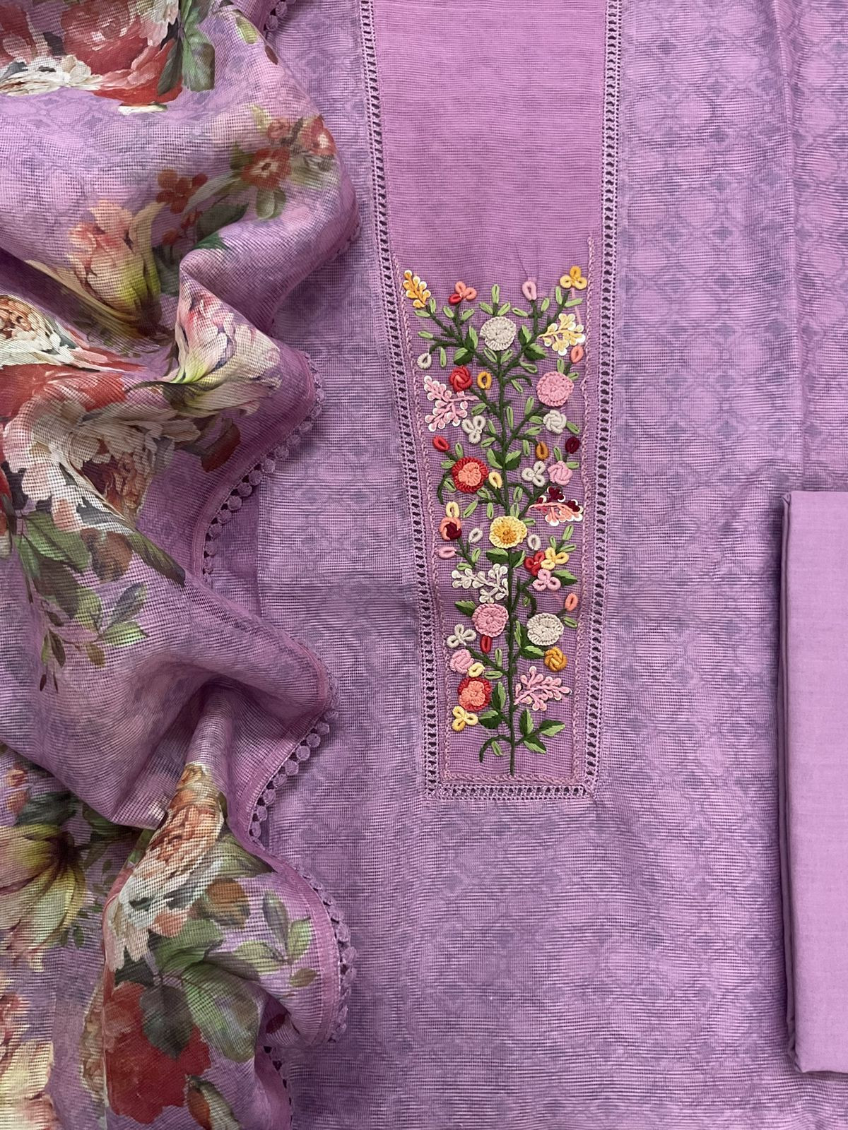 Soft Fine Supernet Printed Embroidered Suit - Purple