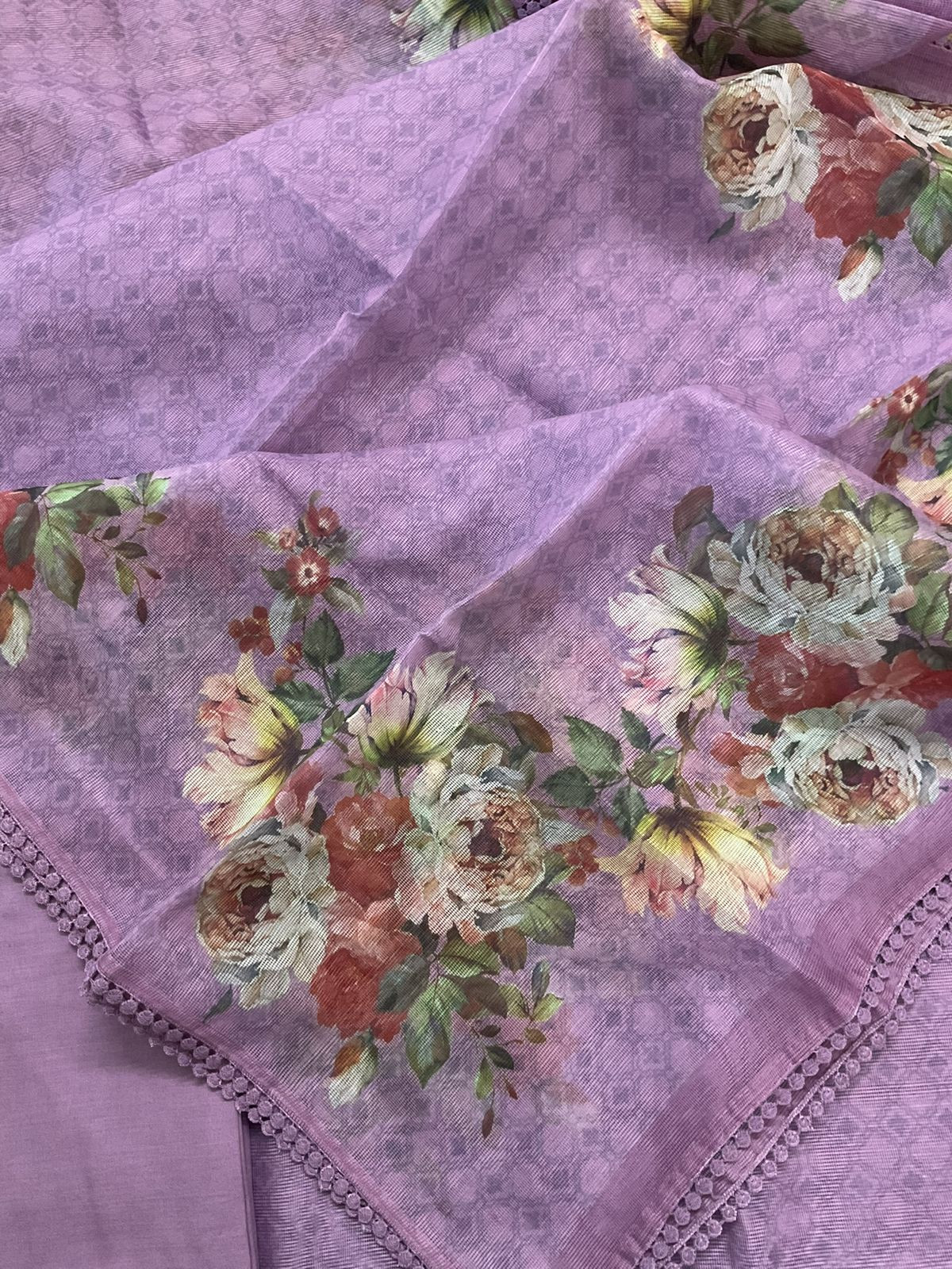 Soft Fine Supernet Printed Embroidered Suit - Purple