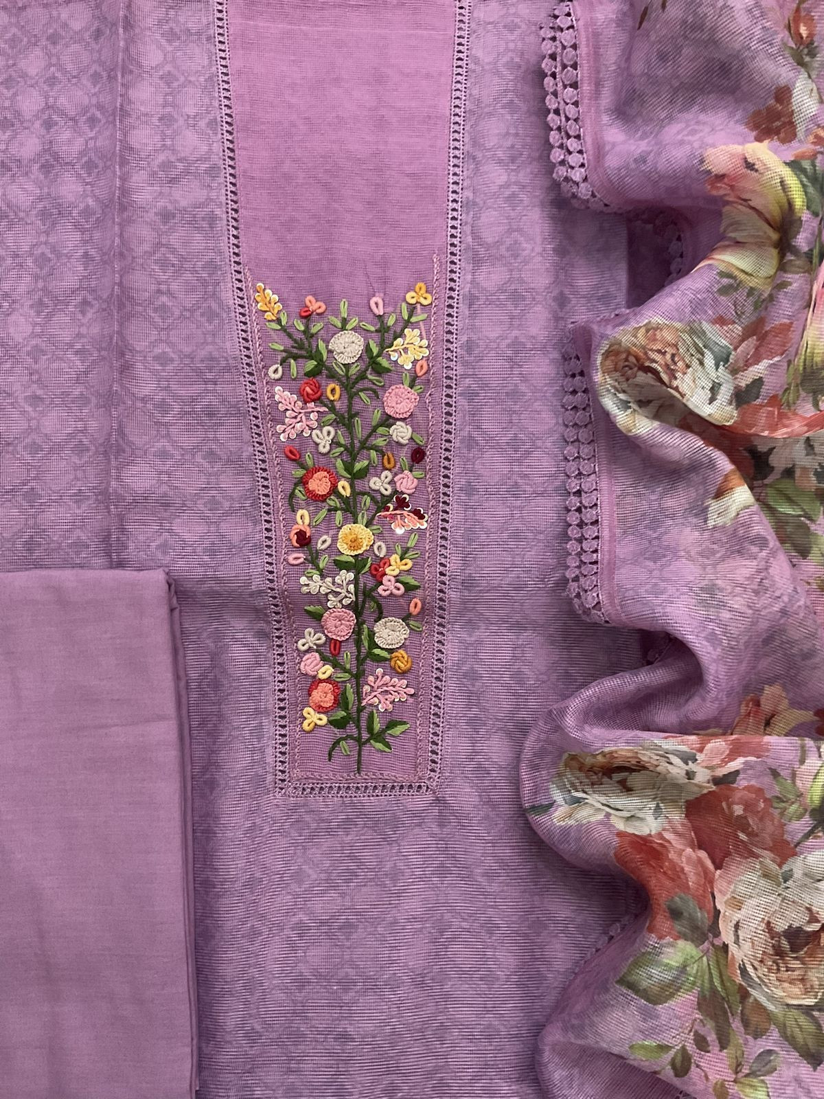 Soft Fine Supernet Printed Embroidered Suit - Purple