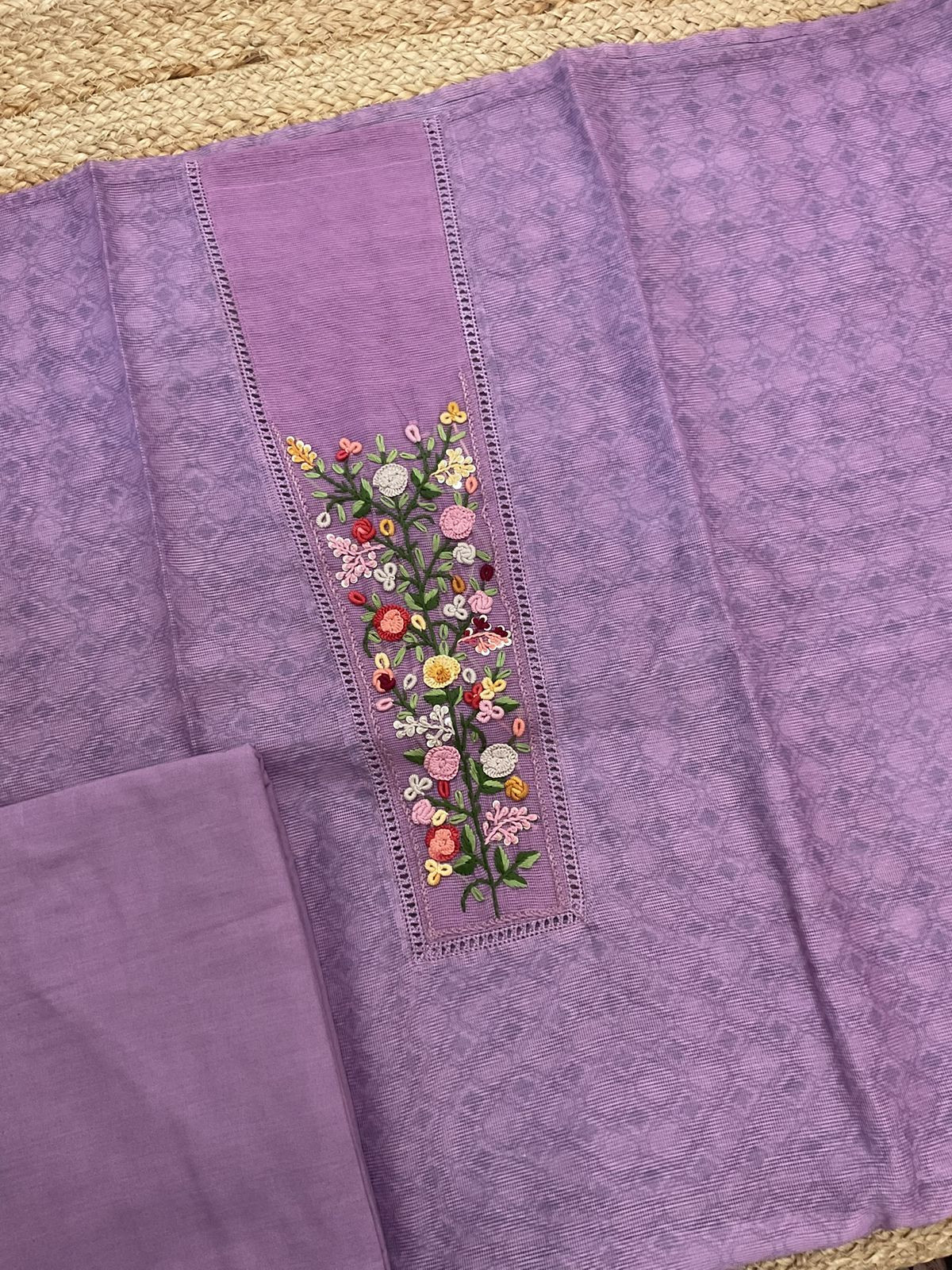 Soft Fine Supernet Printed Embroidered Suit - Purple