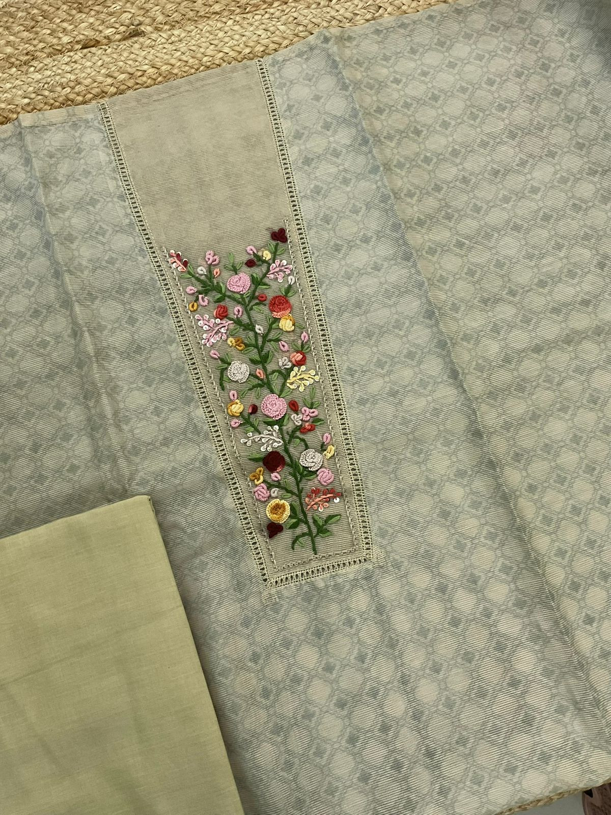 Soft Fine Supernet Printed Embroidered Suit - Beigish Yellow