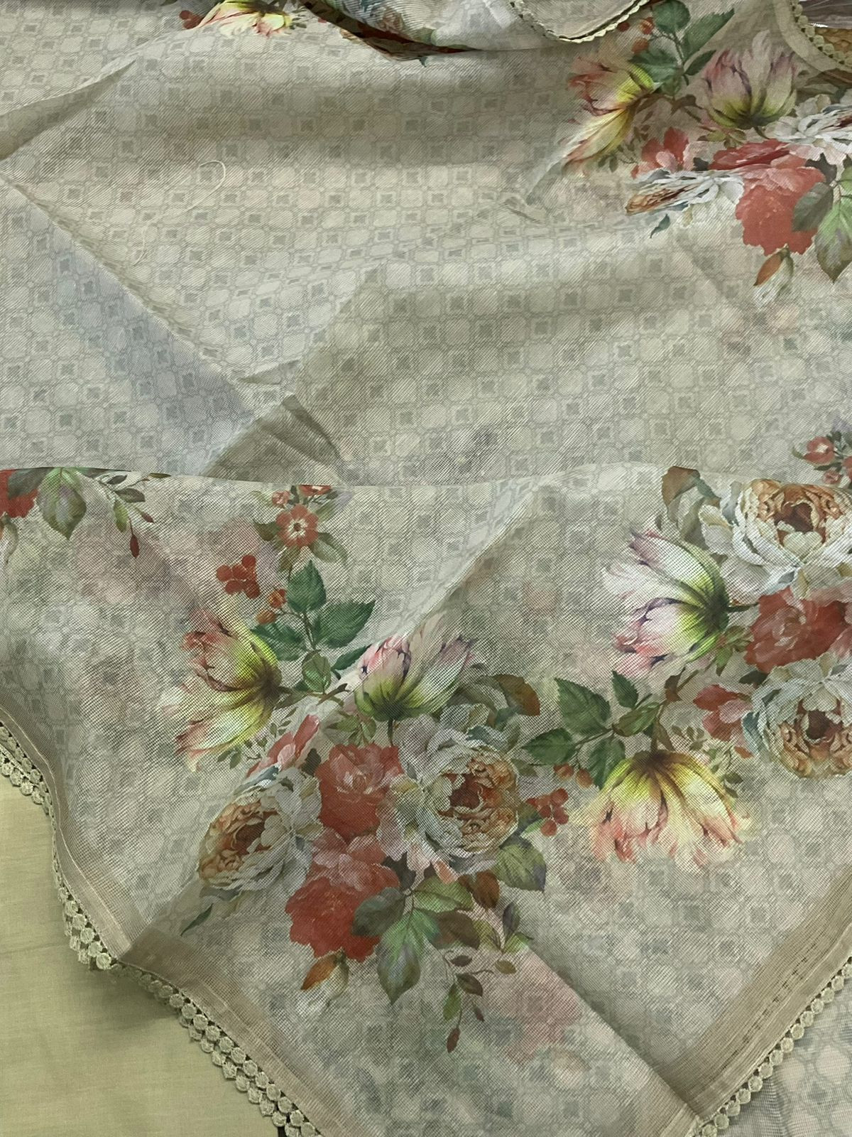 Soft Fine Supernet Printed Embroidered Suit - Beigish Yellow
