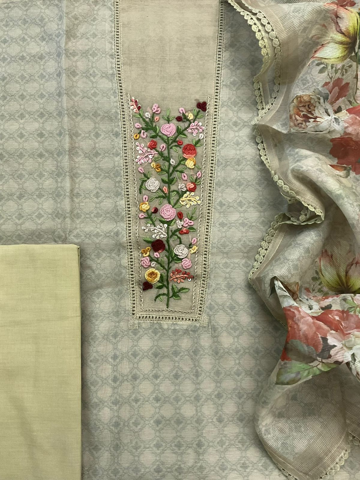 Soft Fine Supernet Printed Embroidered Suit - Beigish Yellow