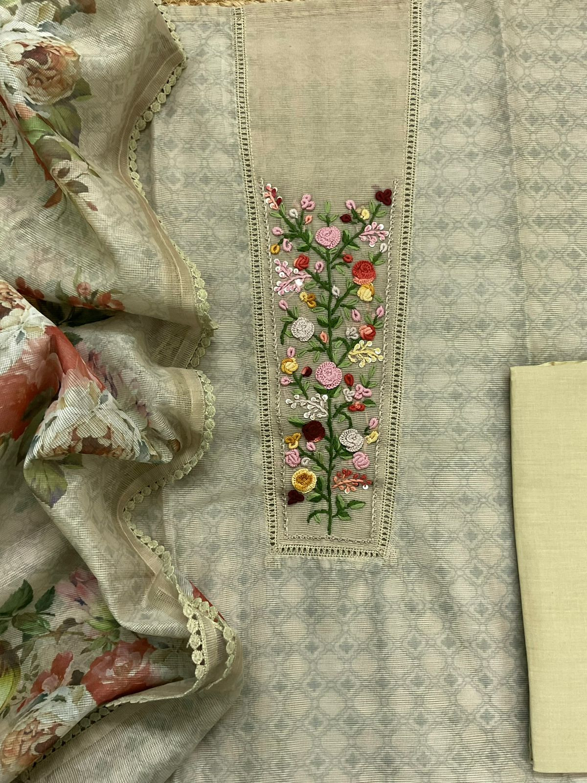 Soft Fine Supernet Printed Embroidered Suit - Beigish Yellow