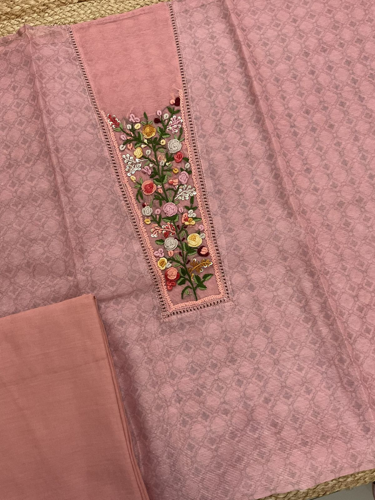 Soft Fine Supernet Printed Embroidered Suit - Peach
