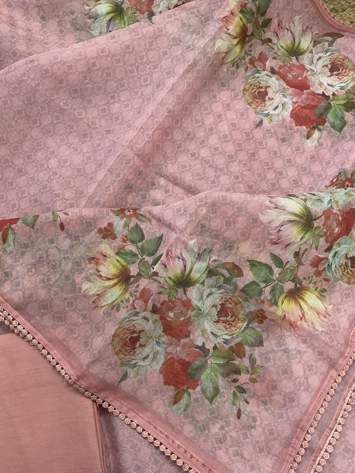 Soft Fine Supernet Printed Embroidered Suit - Peach