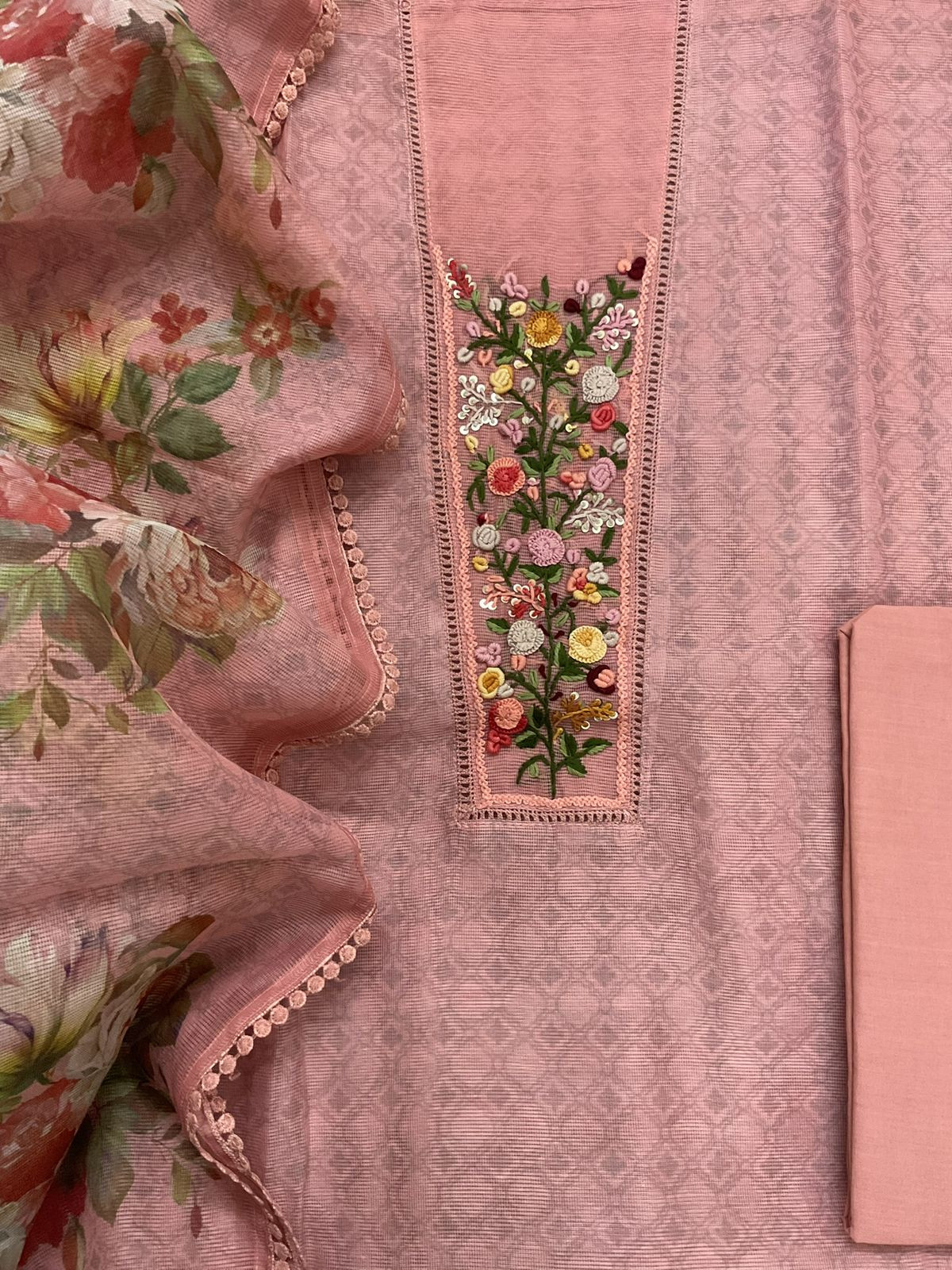 Soft Fine Supernet Printed Embroidered Suit - Peach