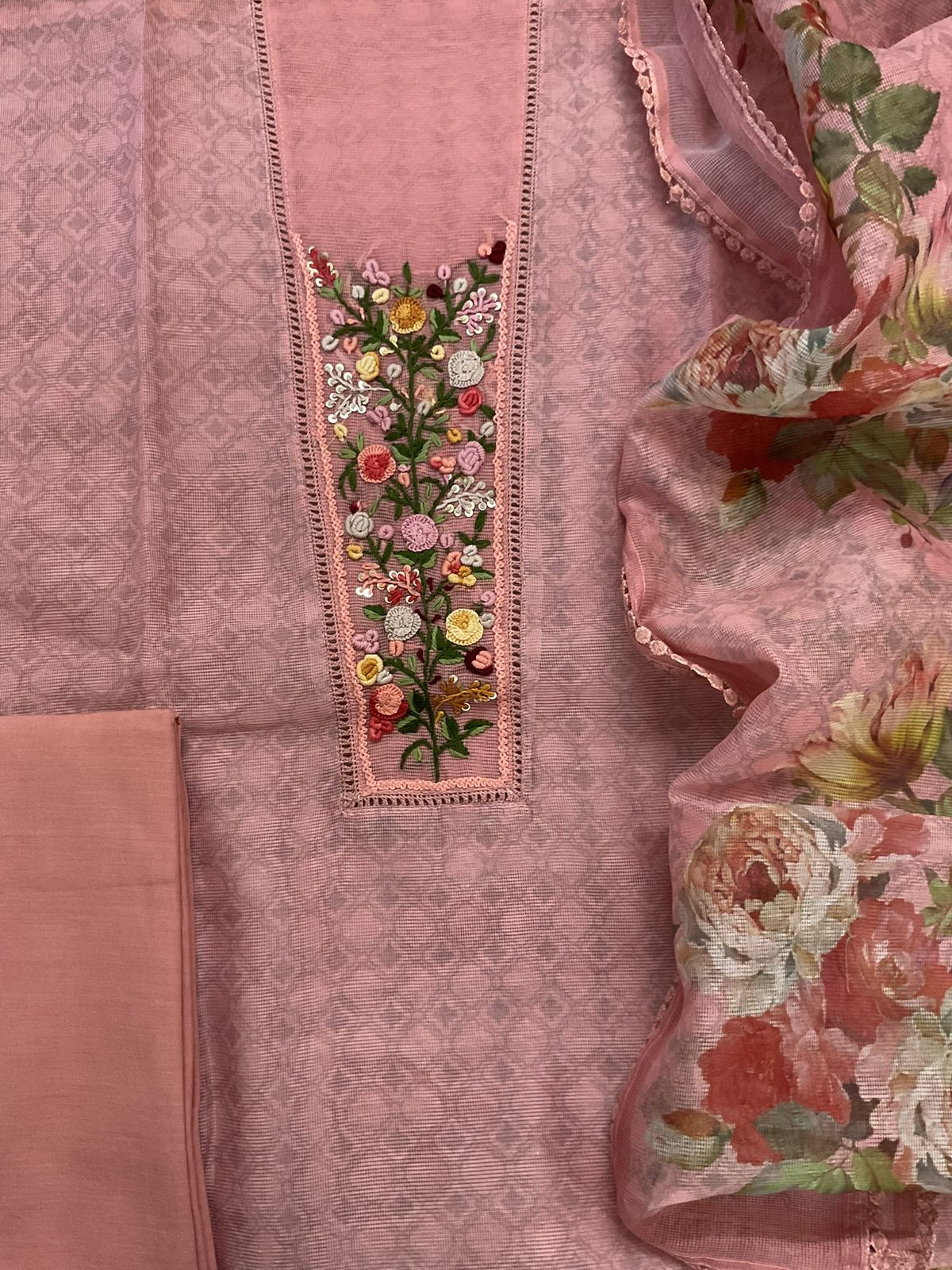 Soft Fine Supernet Printed Embroidered Suit - Peach