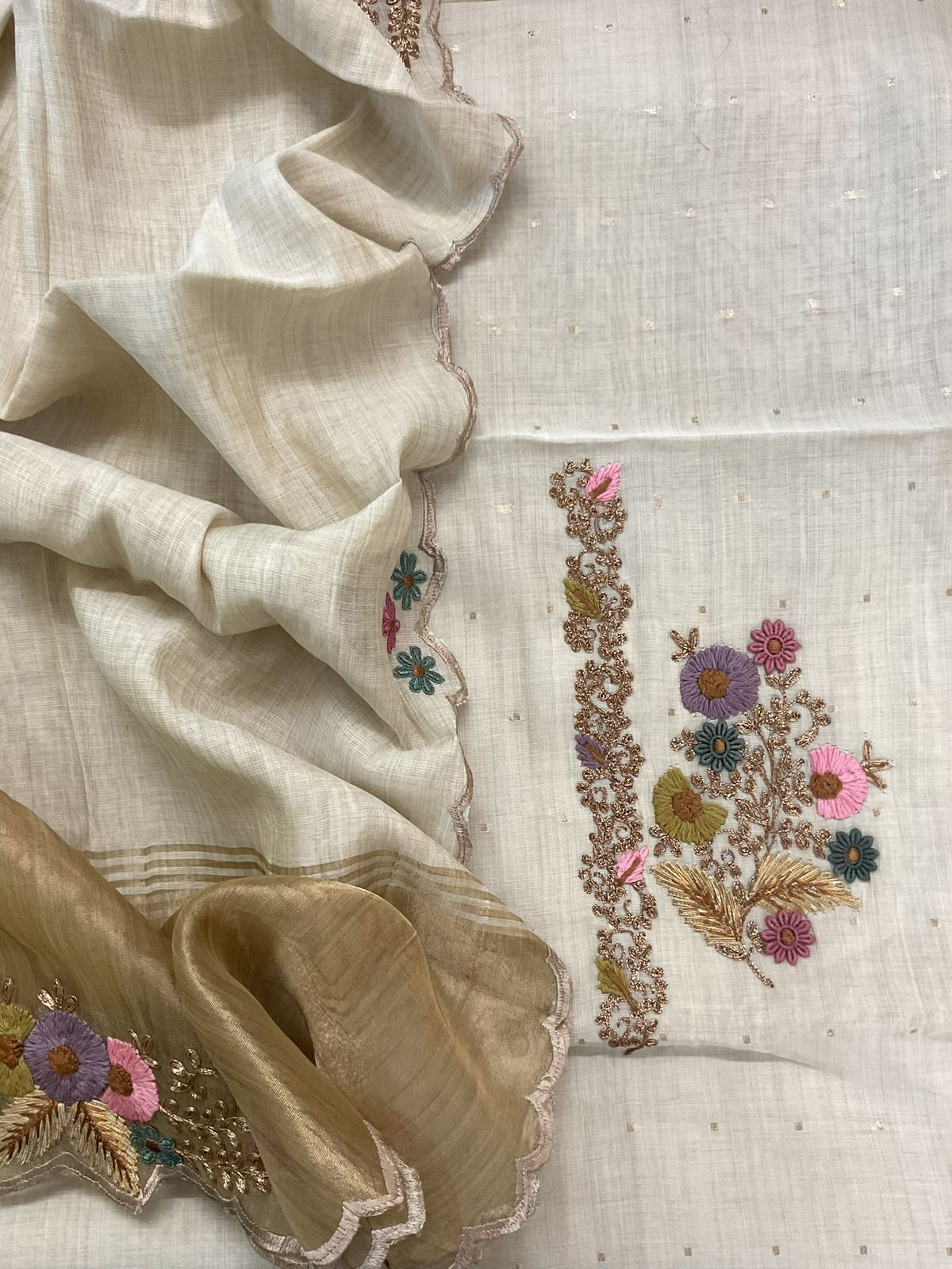 Pure Slub Chanderi Banarasi Weaved Embroidered Suit - Beige