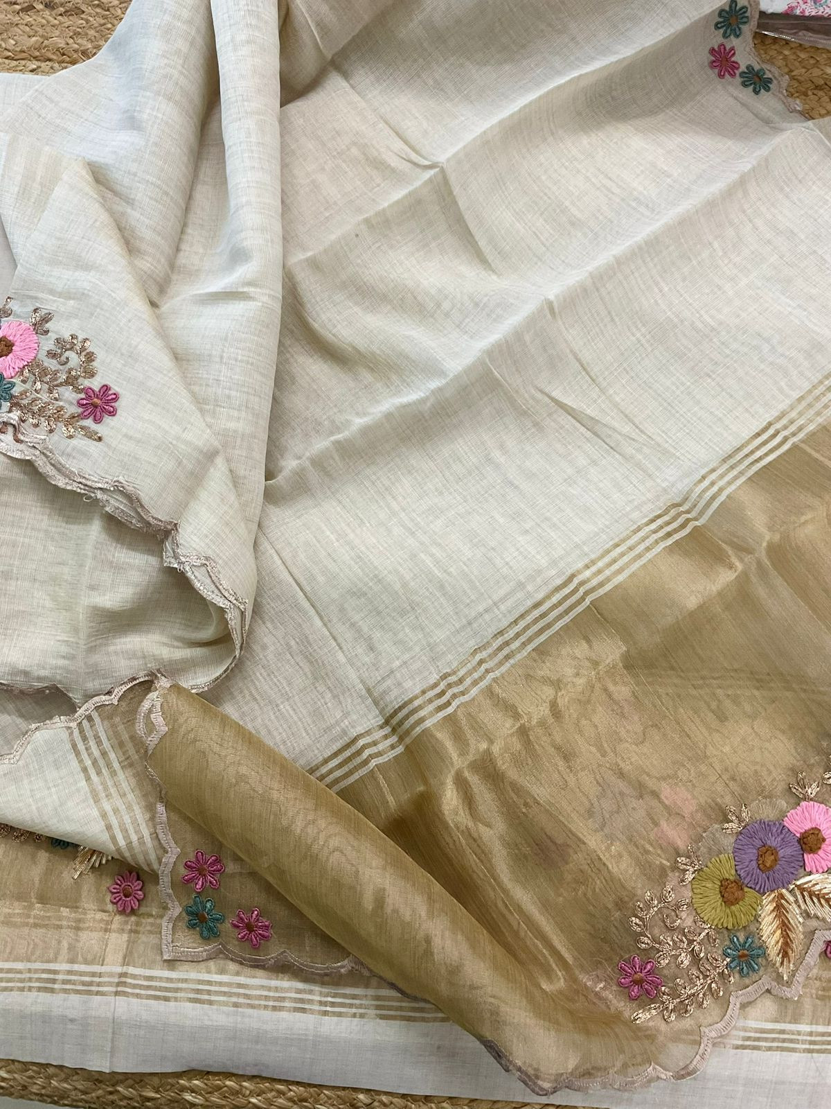 Pure Slub Chanderi Banarasi Weaved Embroidered Suit - Beige