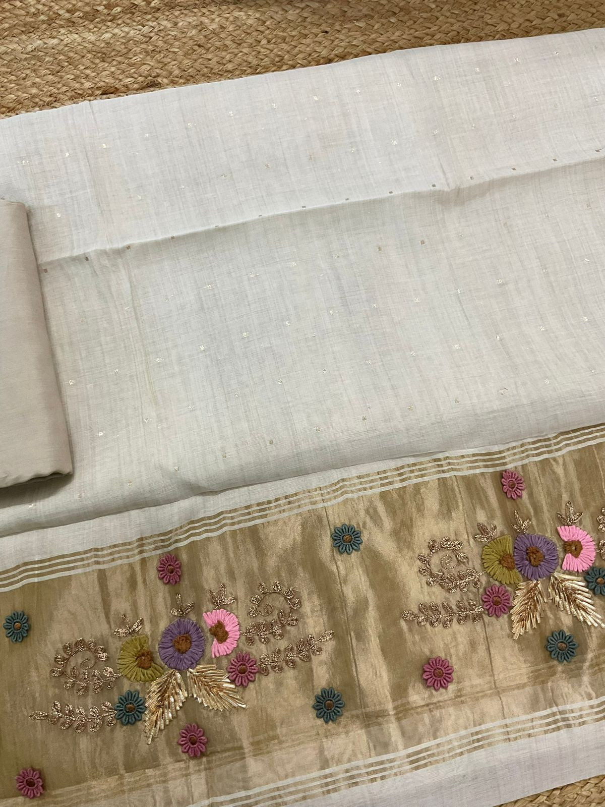 Pure Slub Chanderi Banarasi Weaved Embroidered Suit - Beige