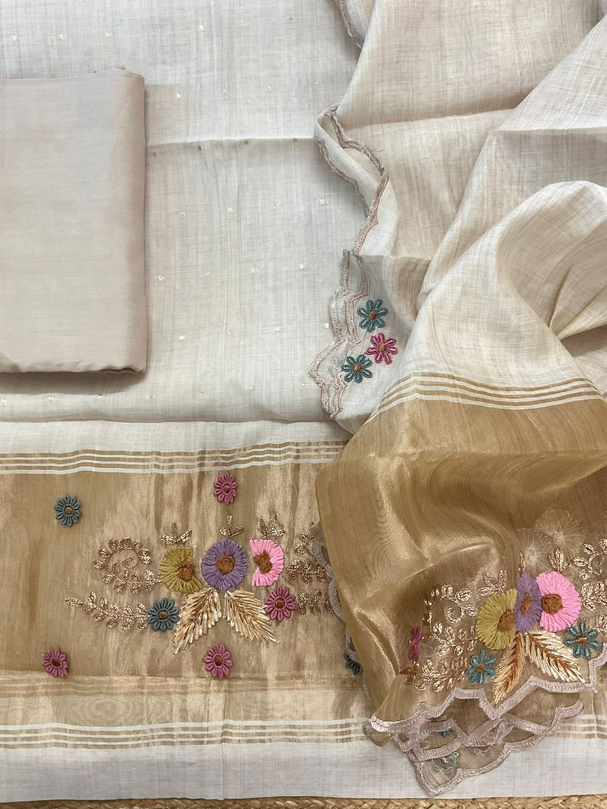 Pure Slub Chanderi Banarasi Weaved Embroidered Suit - Beige