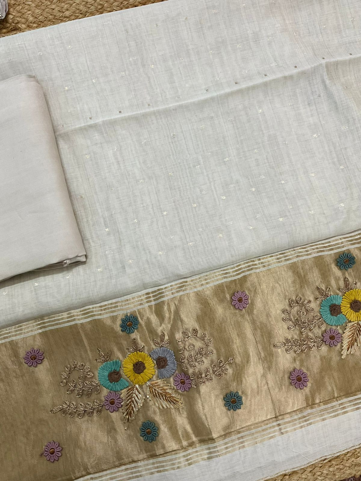 Pure Slub Chanderi Banarasi Weaved Embroidered Suit - Beige