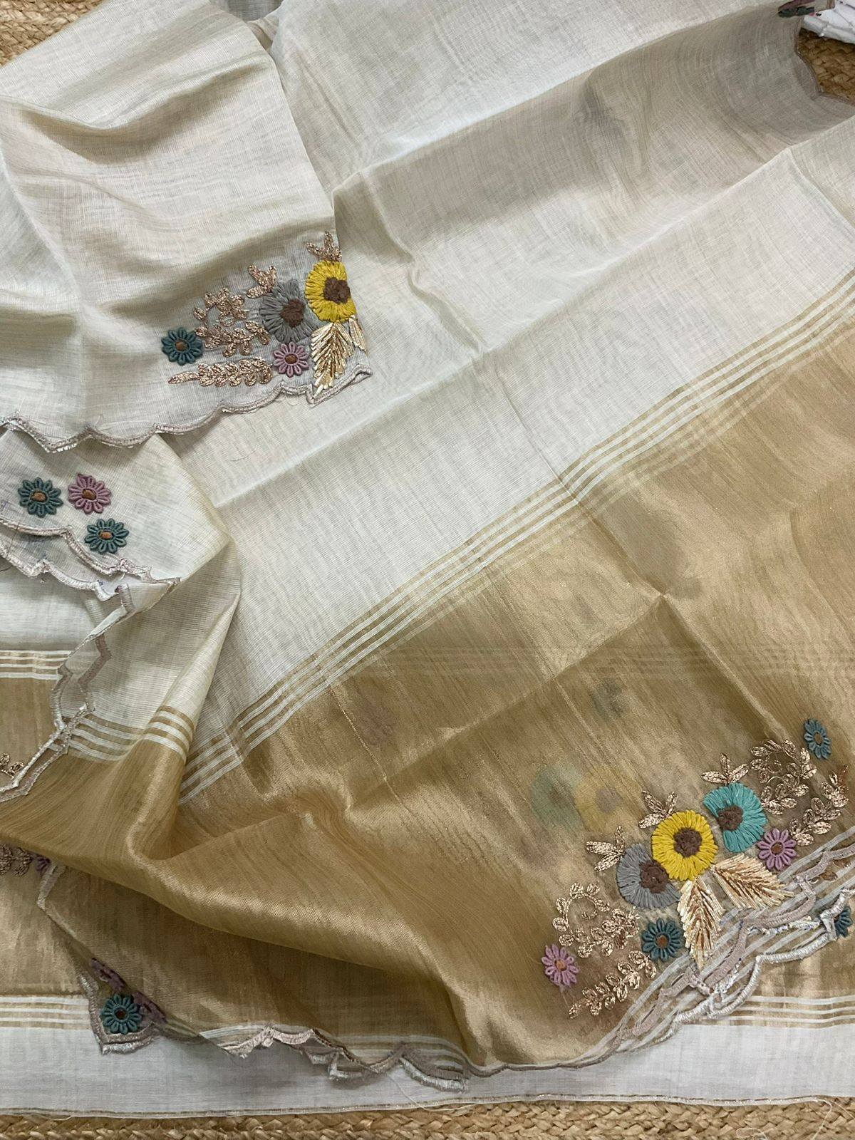 Pure Slub Chanderi Banarasi Weaved Embroidered Suit - Beige