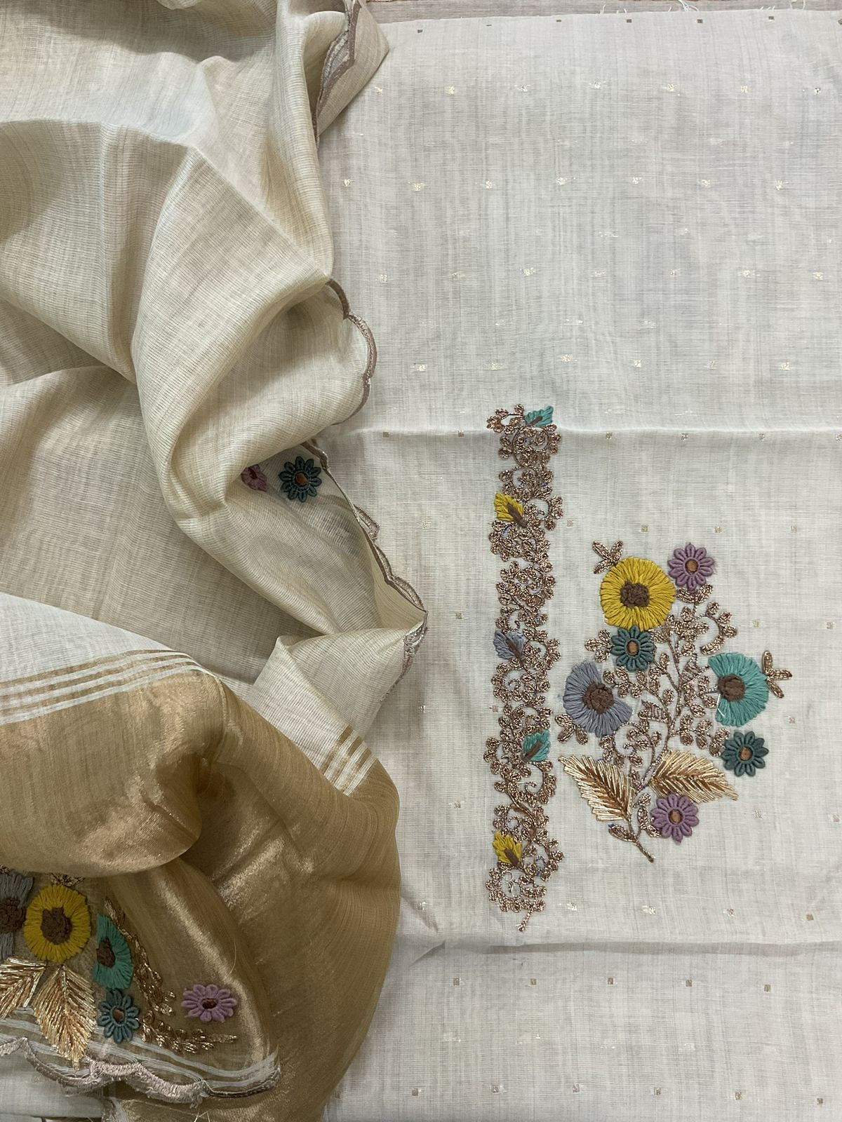 Pure Slub Chanderi Banarasi Weaved Embroidered Suit - Beige