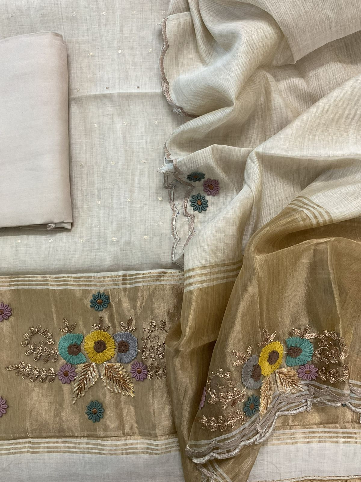 Pure Slub Chanderi Banarasi Weaved Embroidered Suit - Beige