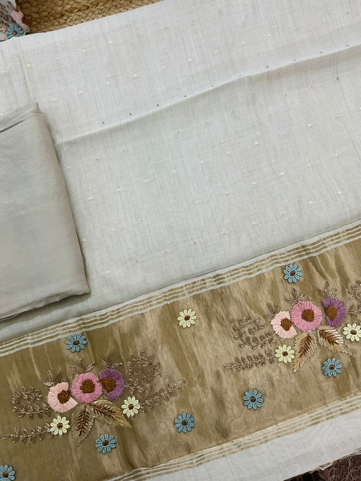 Pure Slub Chanderi Banarasi Weaved Embroidered Suit - Beige