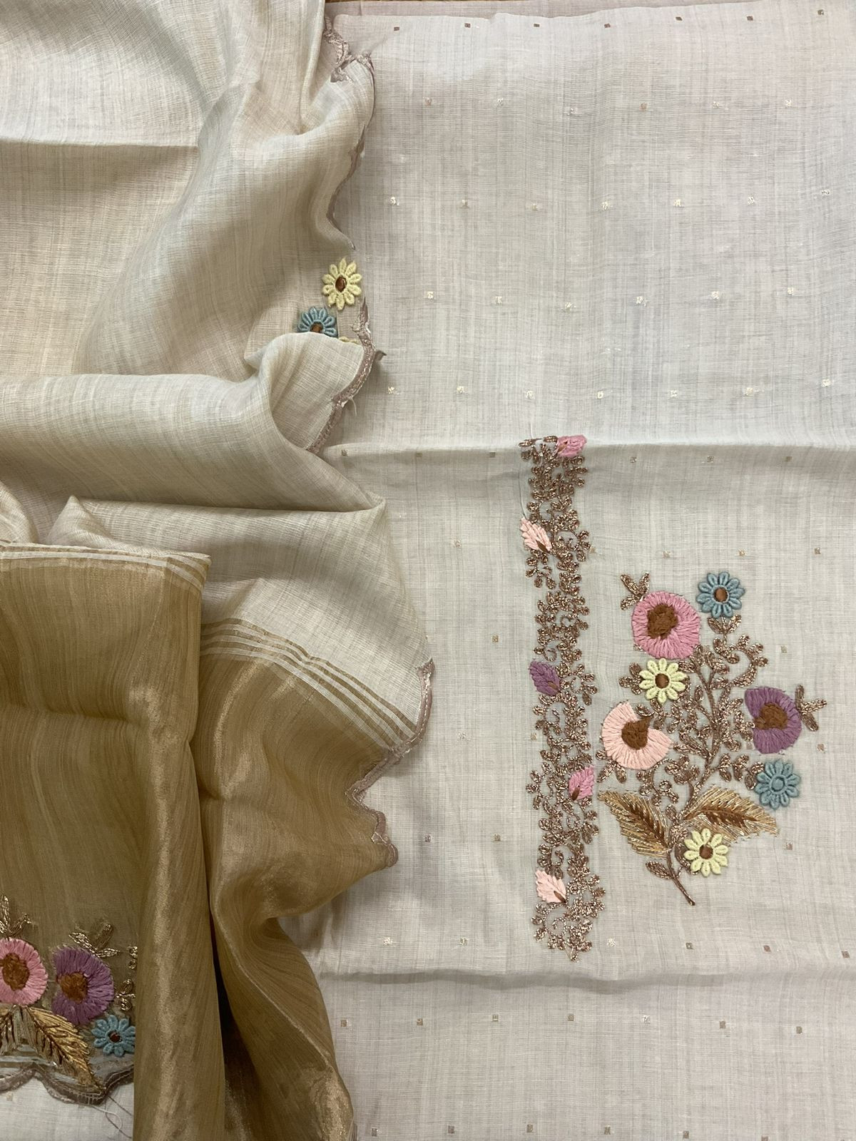 Pure Slub Chanderi Banarasi Weaved Embroidered Suit - Beige