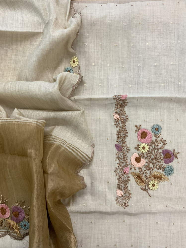 Image of Pure Slub Chanderi Banarasi Weaved Embroidered Suit - Beige