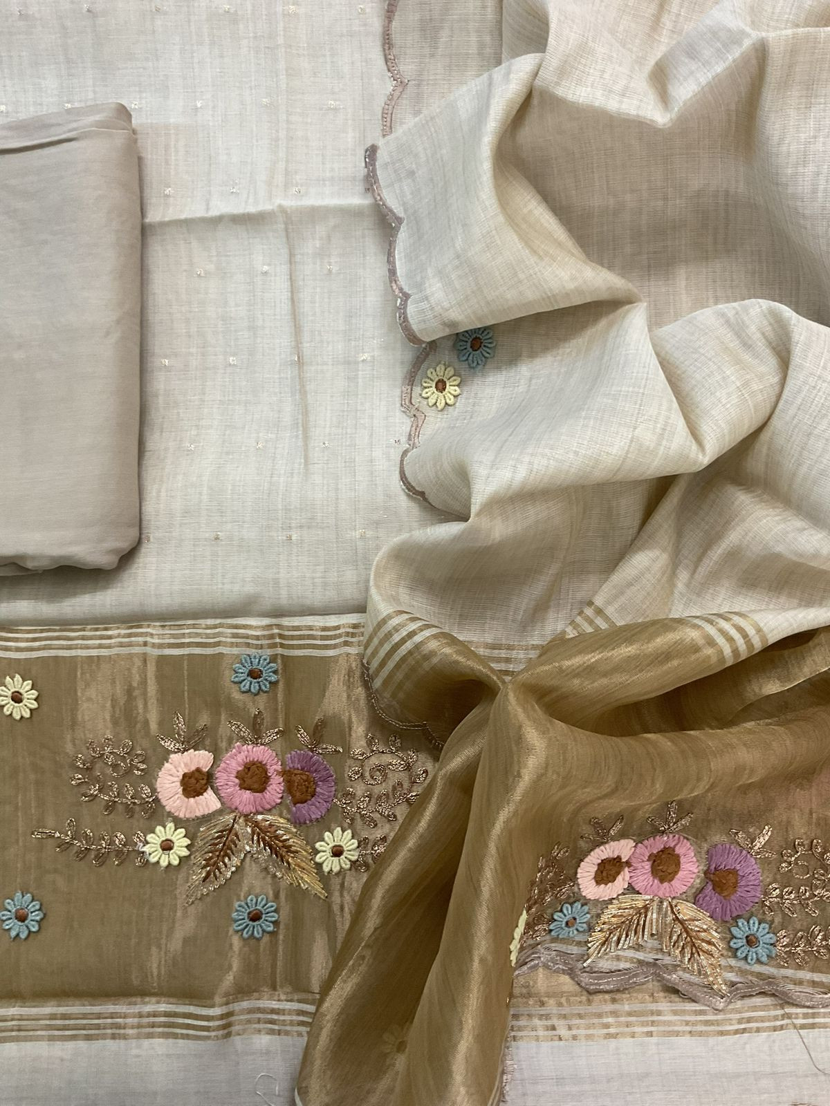 Pure Slub Chanderi Banarasi Weaved Embroidered Suit - Beige