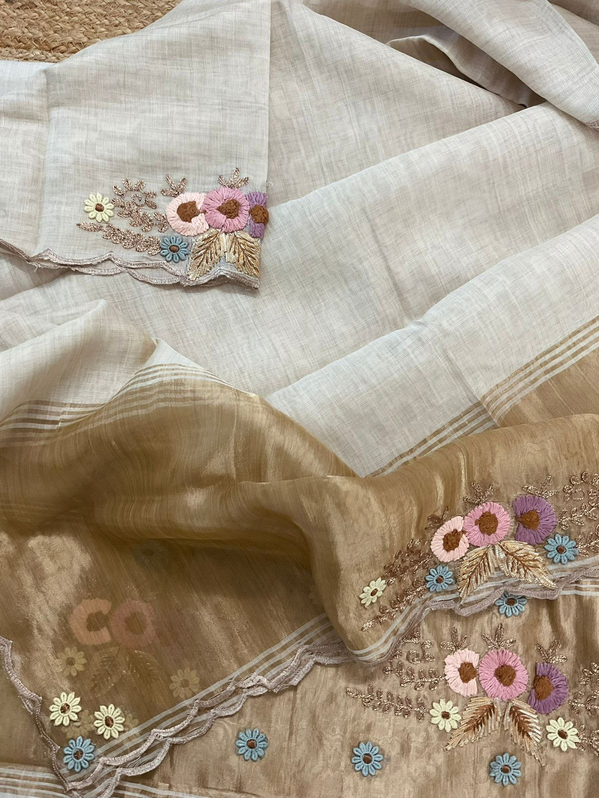 Pure Slub Chanderi Banarasi Weaved Embroidered Suit - Beige