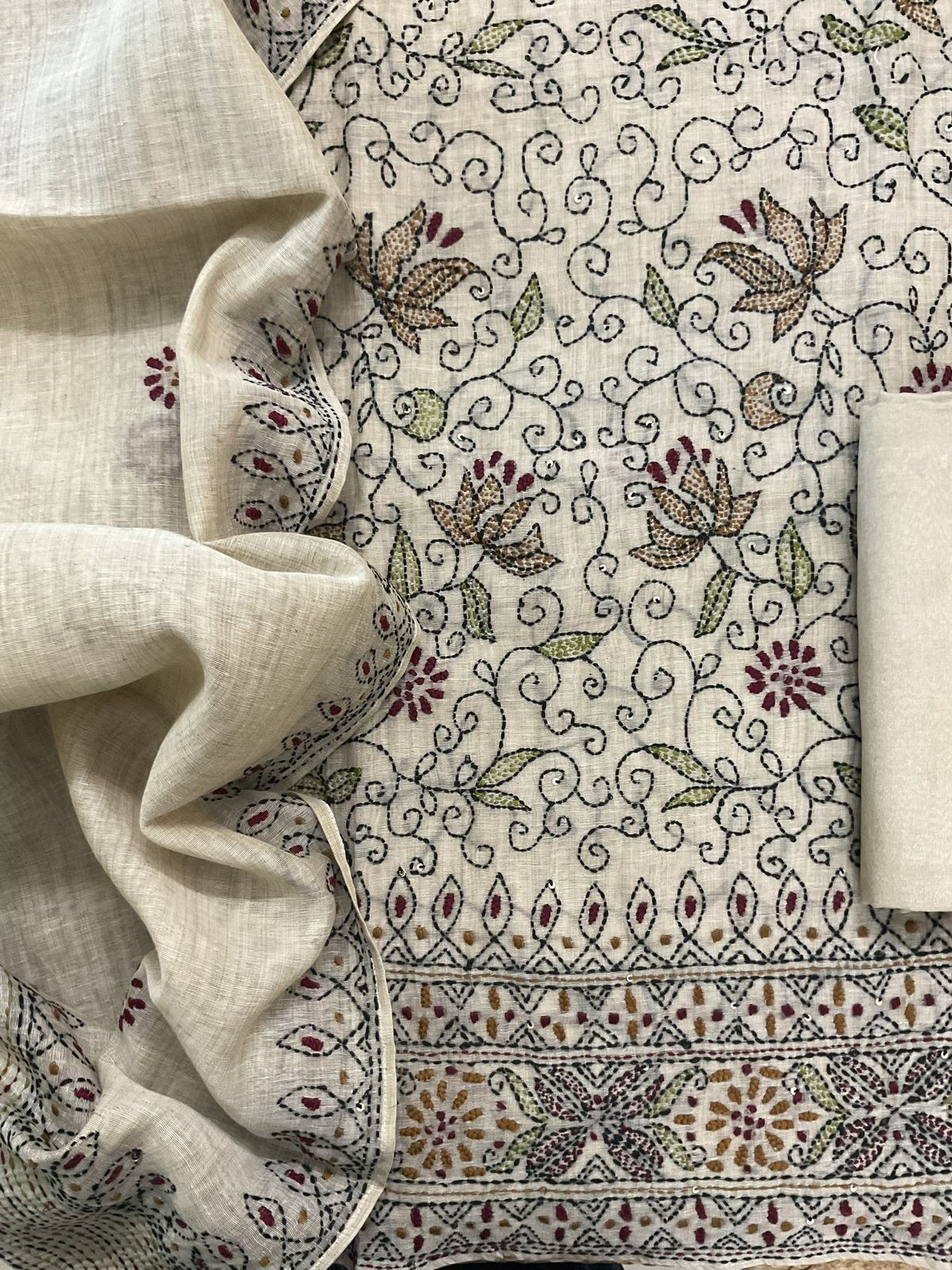 Pure Slub Chanderi Embroidered Suit - Beige