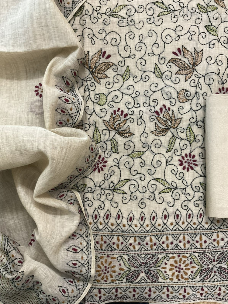 Image of Pure Slub Chanderi Embroidered Suit - Beige