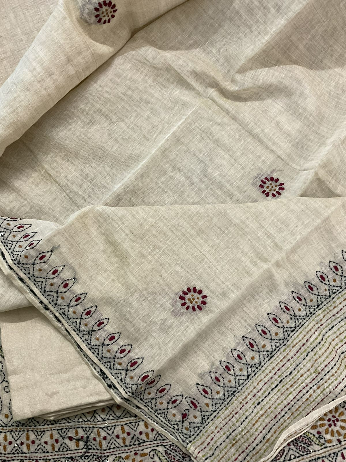 Pure Slub Chanderi Embroidered Suit - Beige
