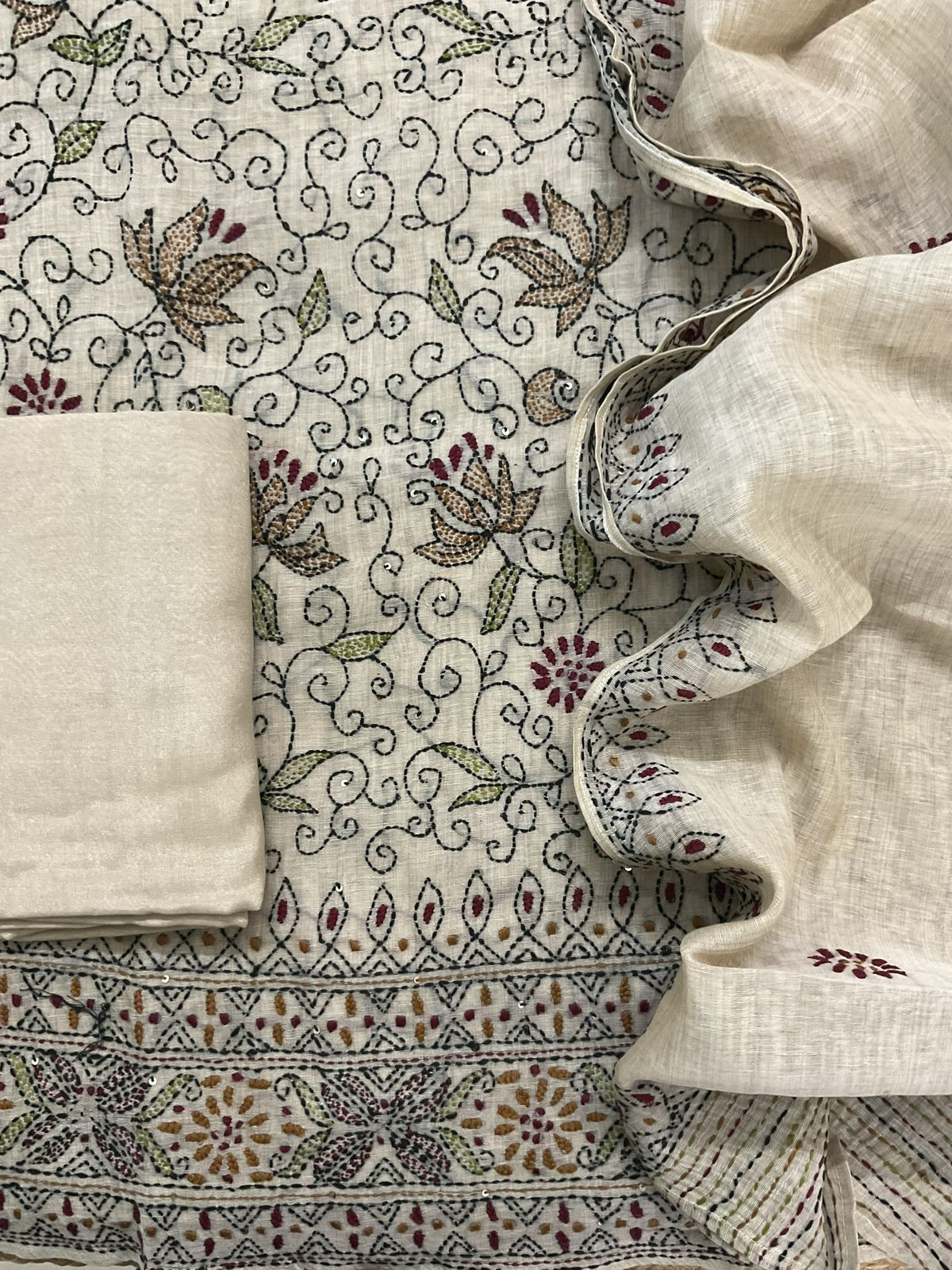 Pure Slub Chanderi Embroidered Suit - Beige