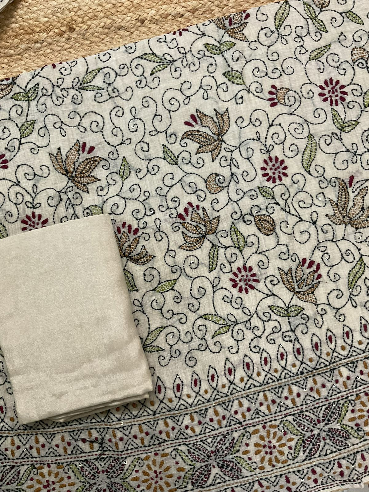 Pure Slub Chanderi Embroidered Suit - Beige