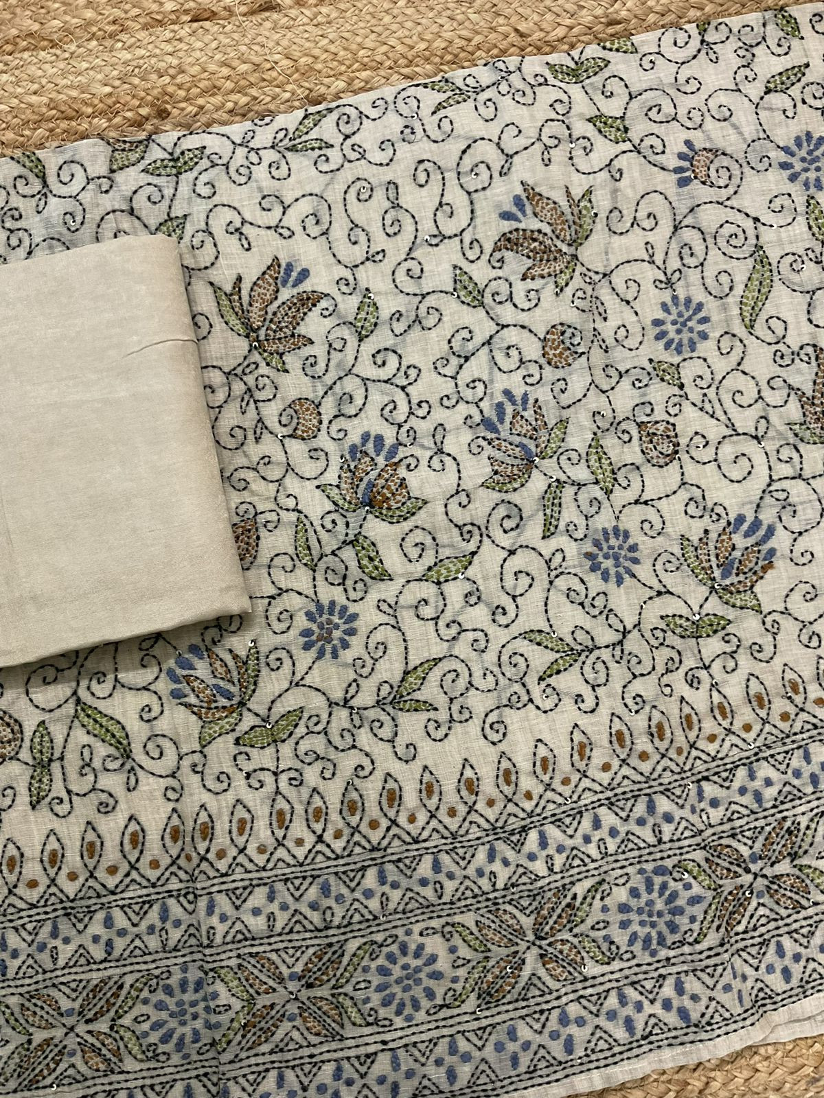 Pure Slub Chanderi Embroidered Suit - Beige