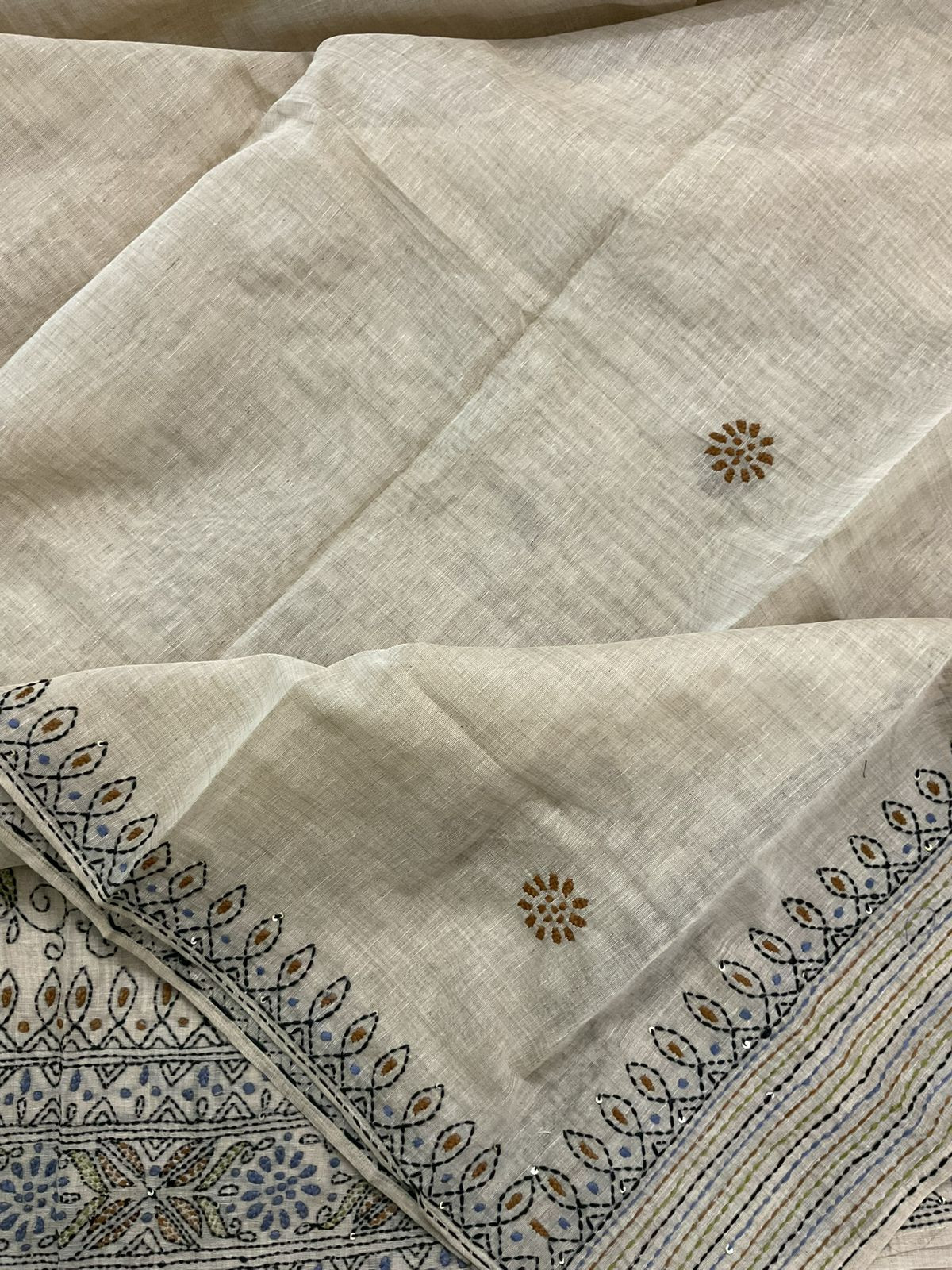 Pure Slub Chanderi Embroidered Suit - Beige