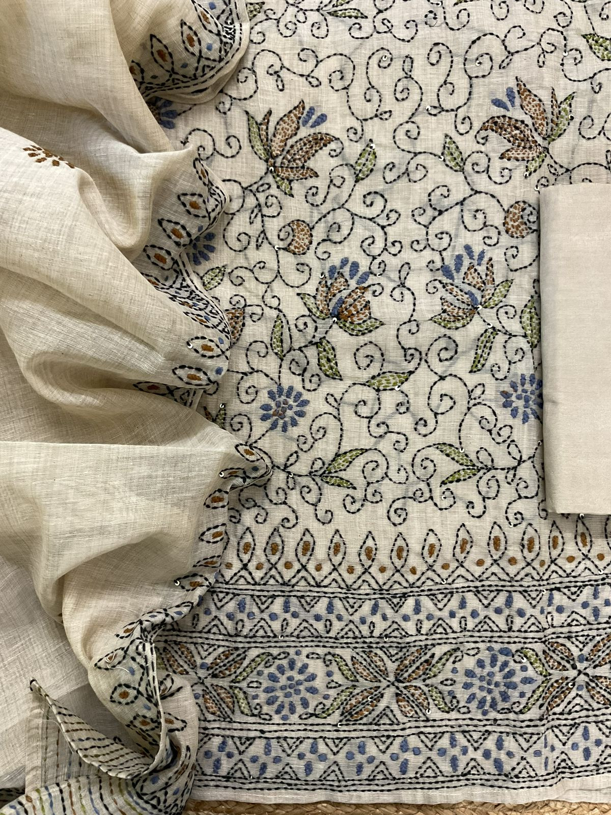 Pure Slub Chanderi Embroidered Suit - Beige