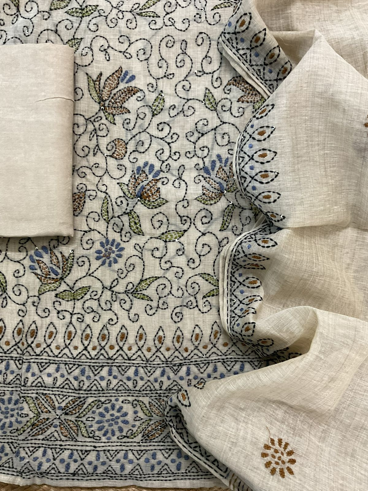 Pure Slub Chanderi Embroidered Suit - Beige