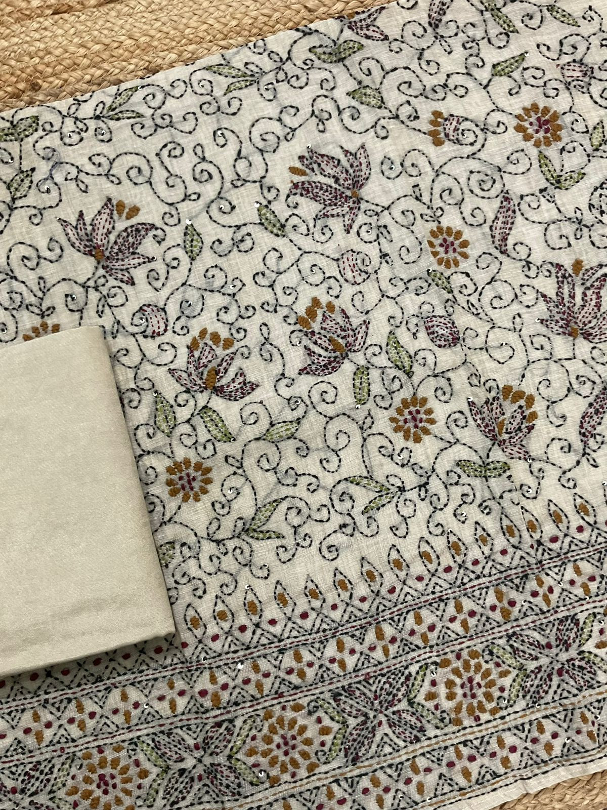 Pure Slub Chanderi Embroidered Suit - Beige