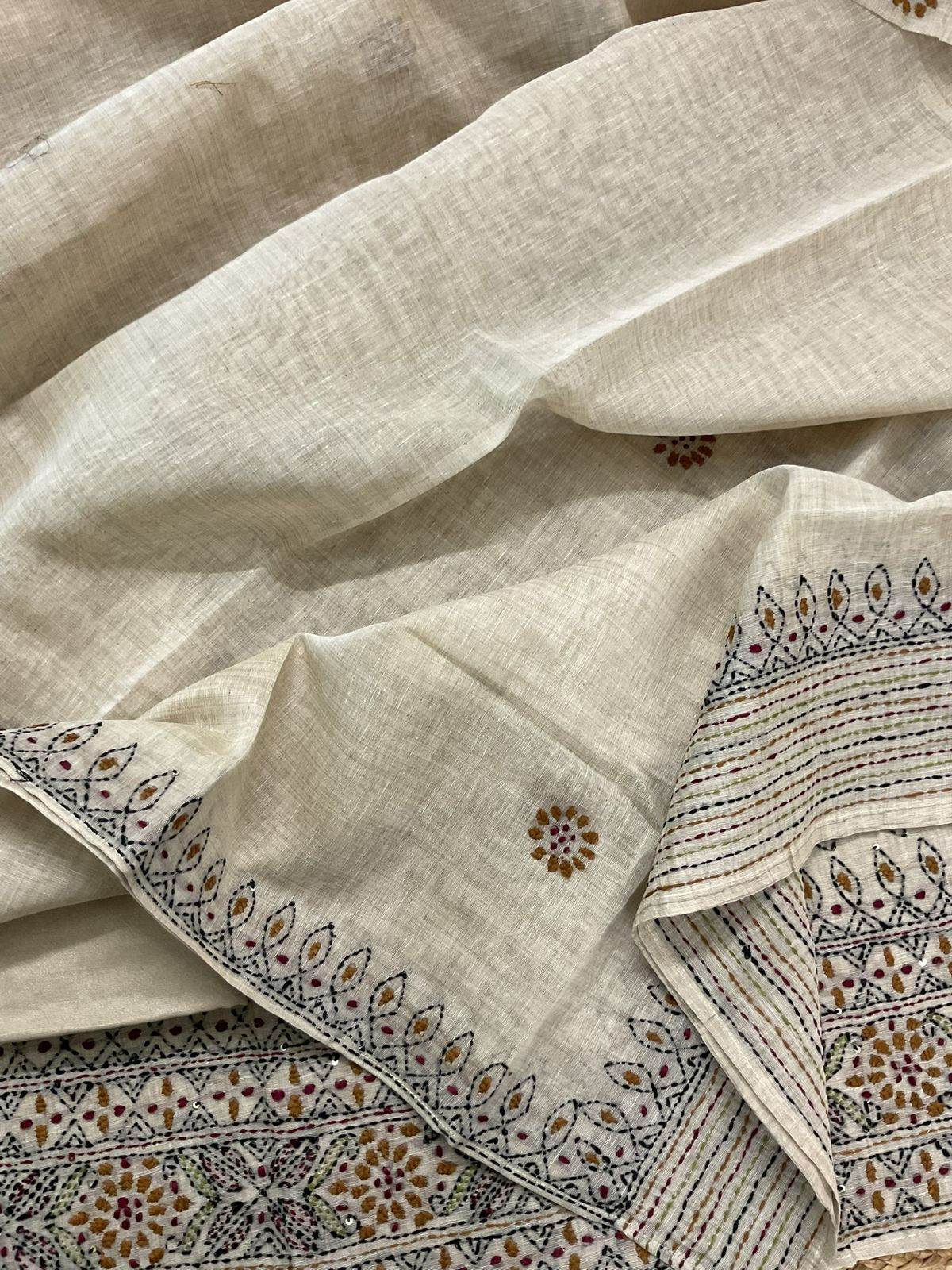 Pure Slub Chanderi Embroidered Suit - Beige