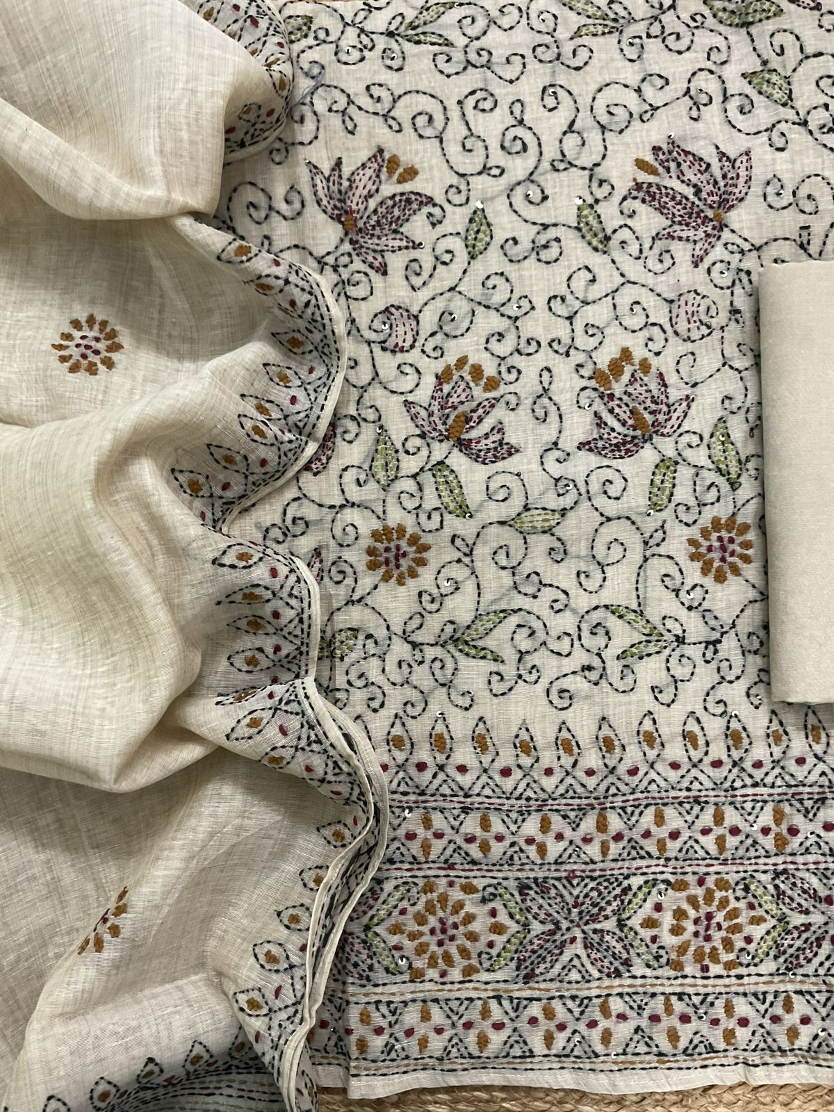 Pure Slub Chanderi Embroidered Suit - Beige