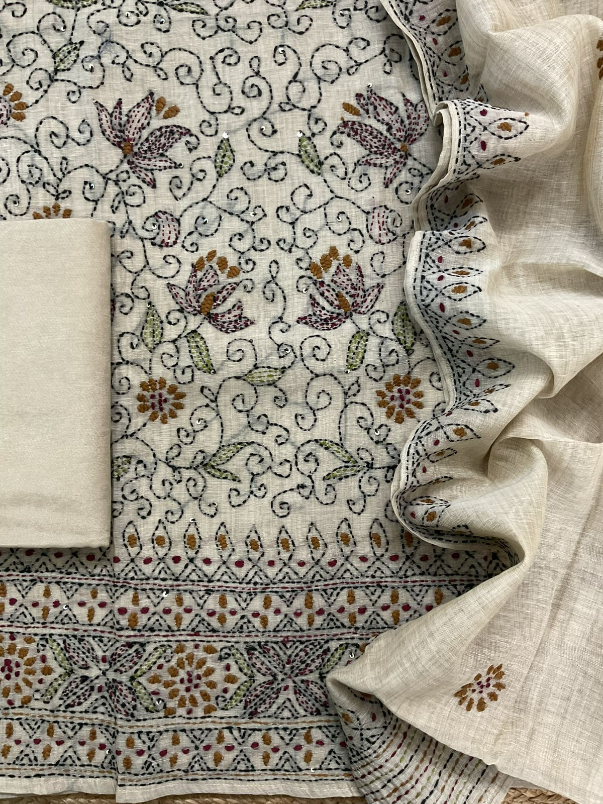 Pure Slub Chanderi Embroidered Suit - Beige