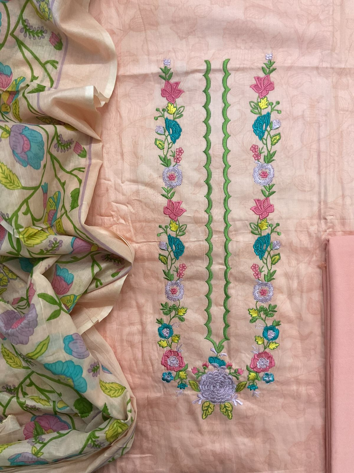 Pure Jaam Cotton Printed Embroidered Suit - Peach