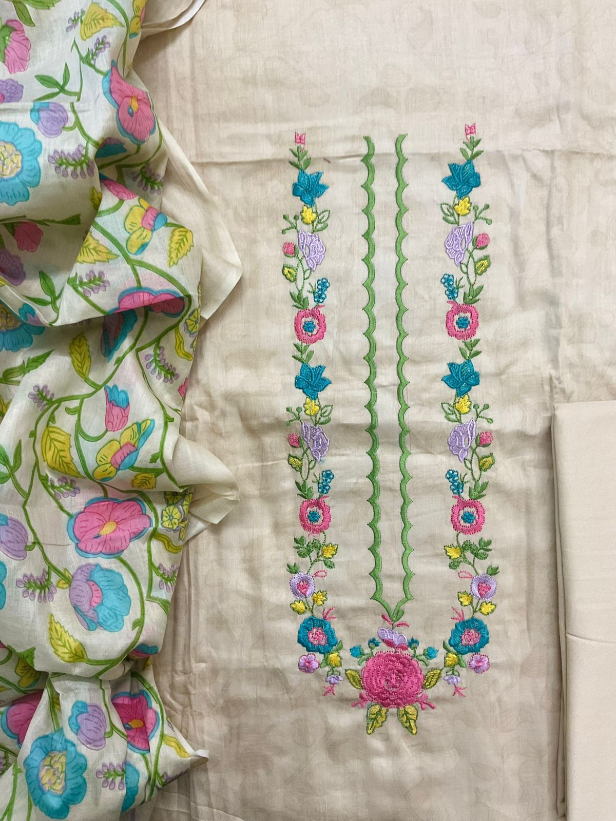 Pure Jaam Cotton Printed Embroidered Suit - Beige