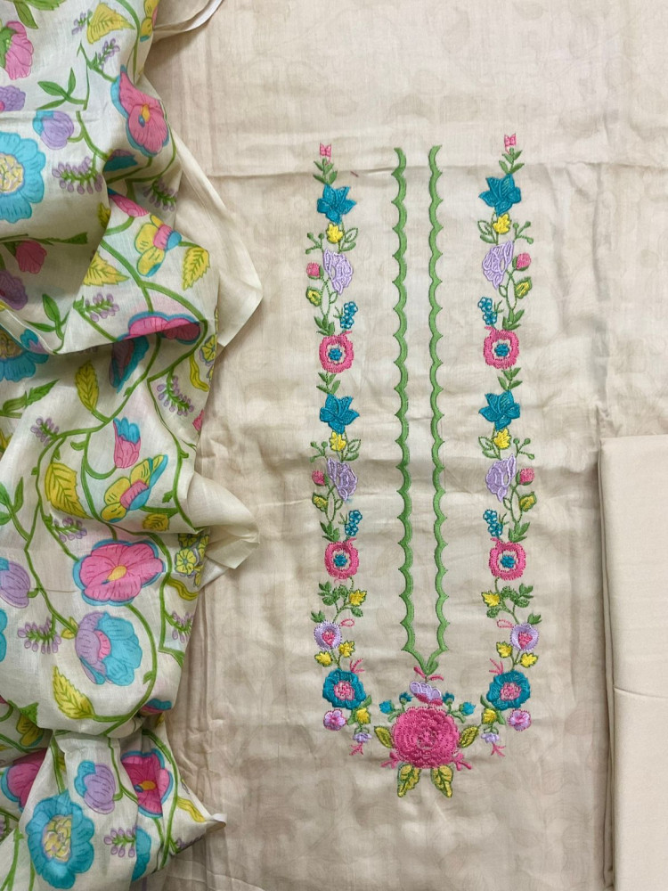 Image of Pure Jaam Cotton Printed Embroidered Suit - Beige