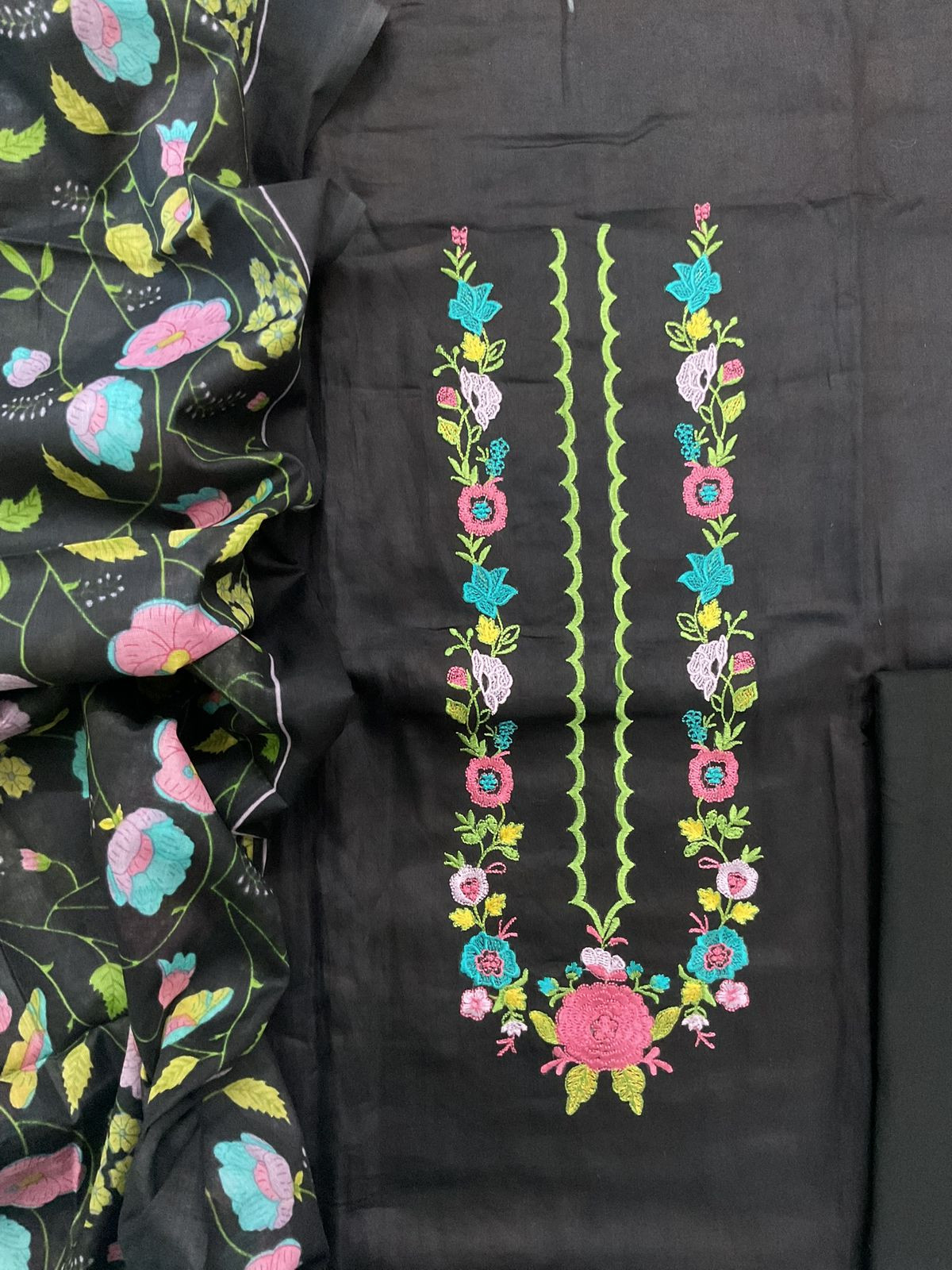 Pure Jaam Cotton Printed Embroidered Suit - Black