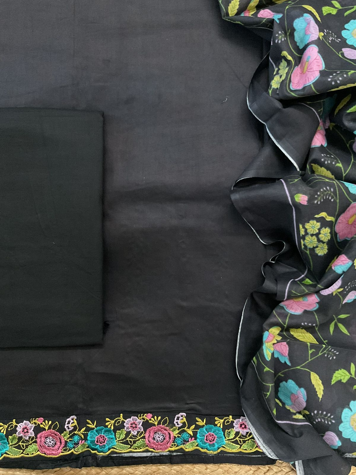 Pure Jaam Cotton Printed Embroidered Suit - Black
