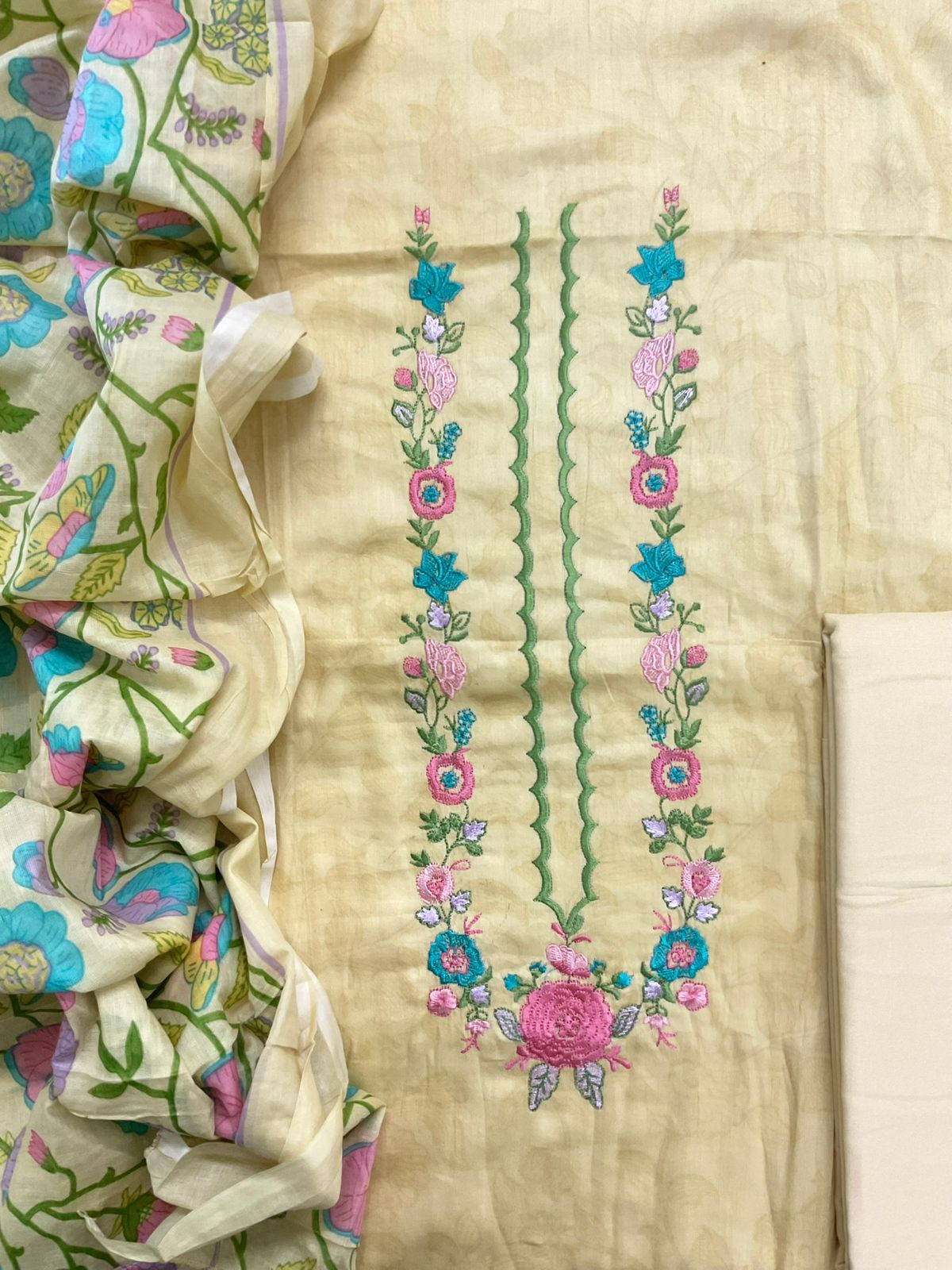 Pure Jaam Cotton Printed Embroidered Suit - Yellow