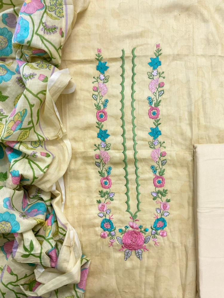 Image of Pure Jaam Cotton Printed Embroidered Suit - Yellow