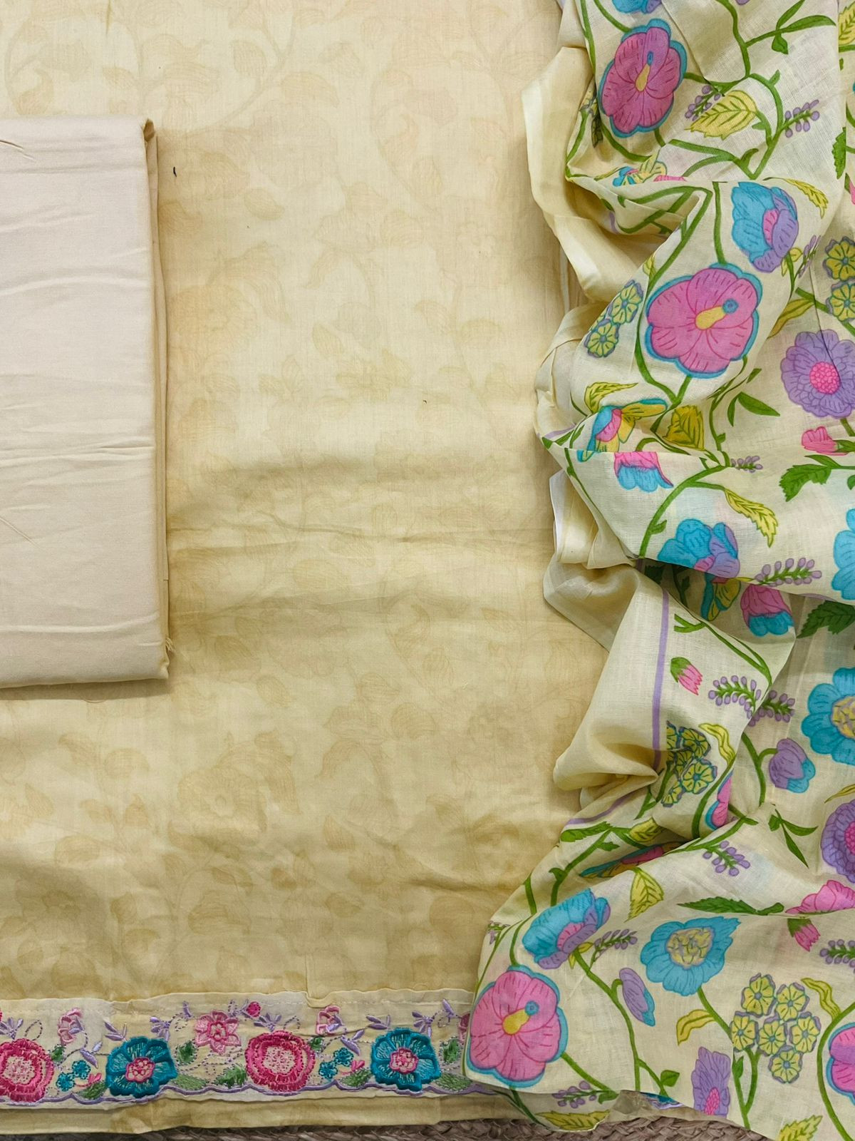 Pure Jaam Cotton Printed Embroidered Suit - Yellow