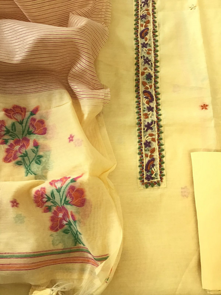 Image of Soft Slub Chanderi Jamdani Weaved Embroidered Suit - Yellow